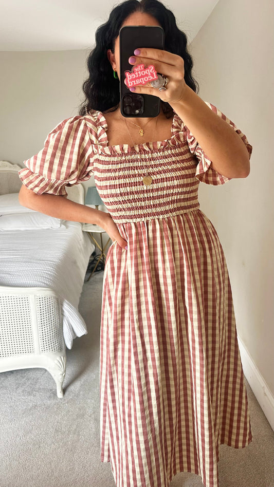 Warehouse burgundy beige gingham check midi long dress small UK 8 vgc