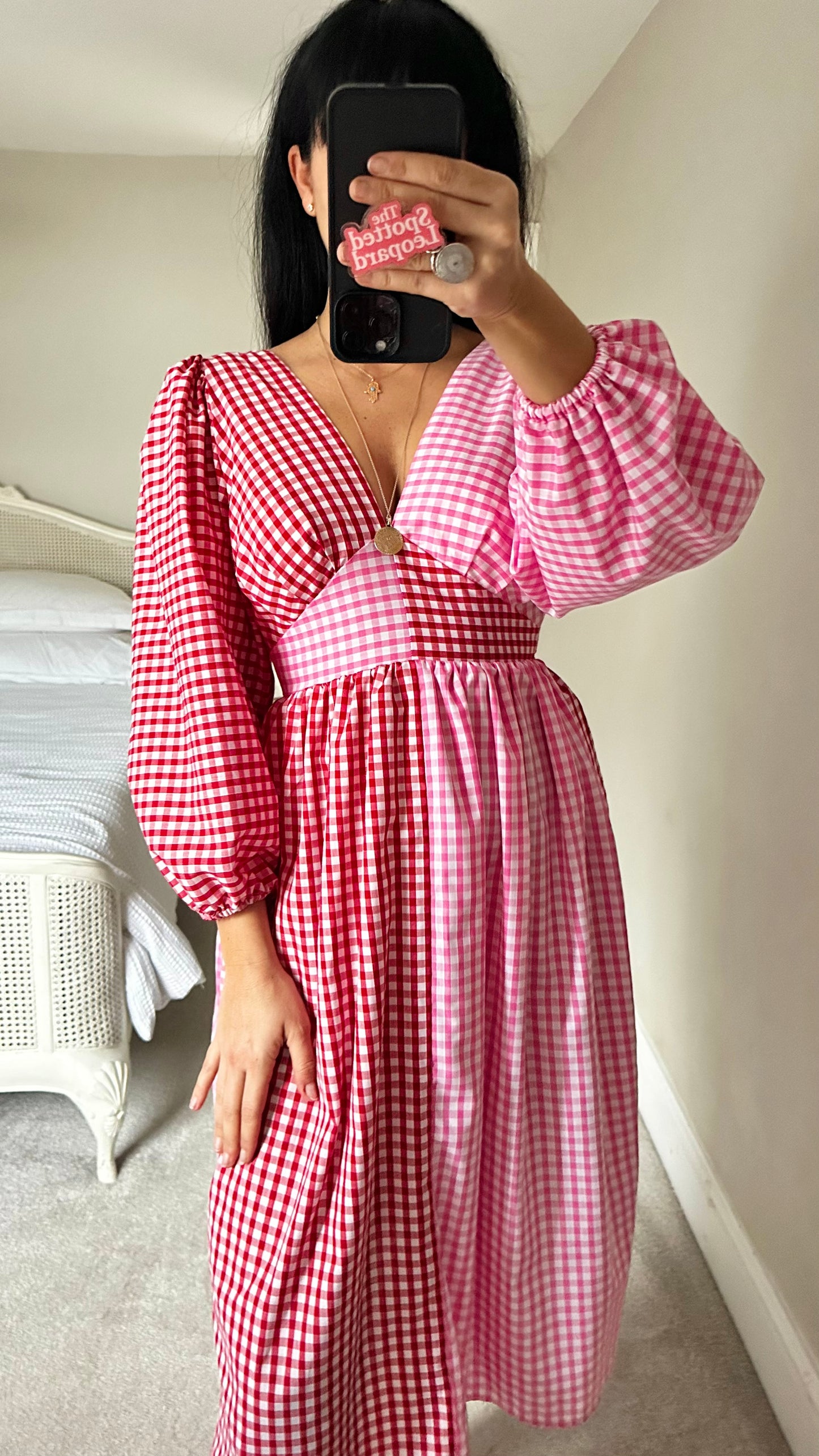 Molby the label red pink white gingham check midi dress small UK 8 vgc