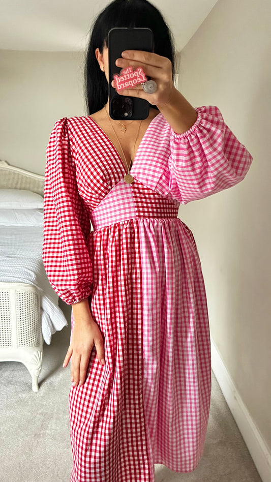 Molby the label red pink white gingham check midi dress small UK 8 vgc