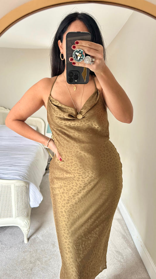 Lovers + Friends khaki leopard gold petite midi wedding guest dress extra small UK 6-8 vgc