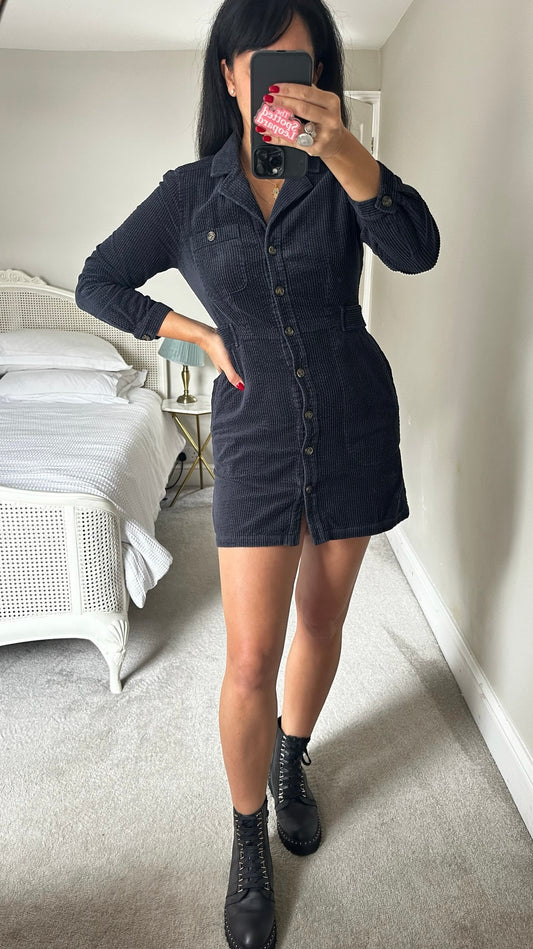 & other stories black blue corduroy petite button up mini dress UK 10 vgc
