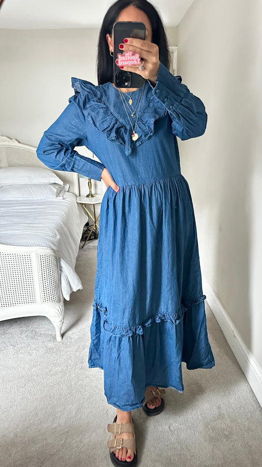 Selected Femme denim navy blue maxi long dress medium UK 12 vgc