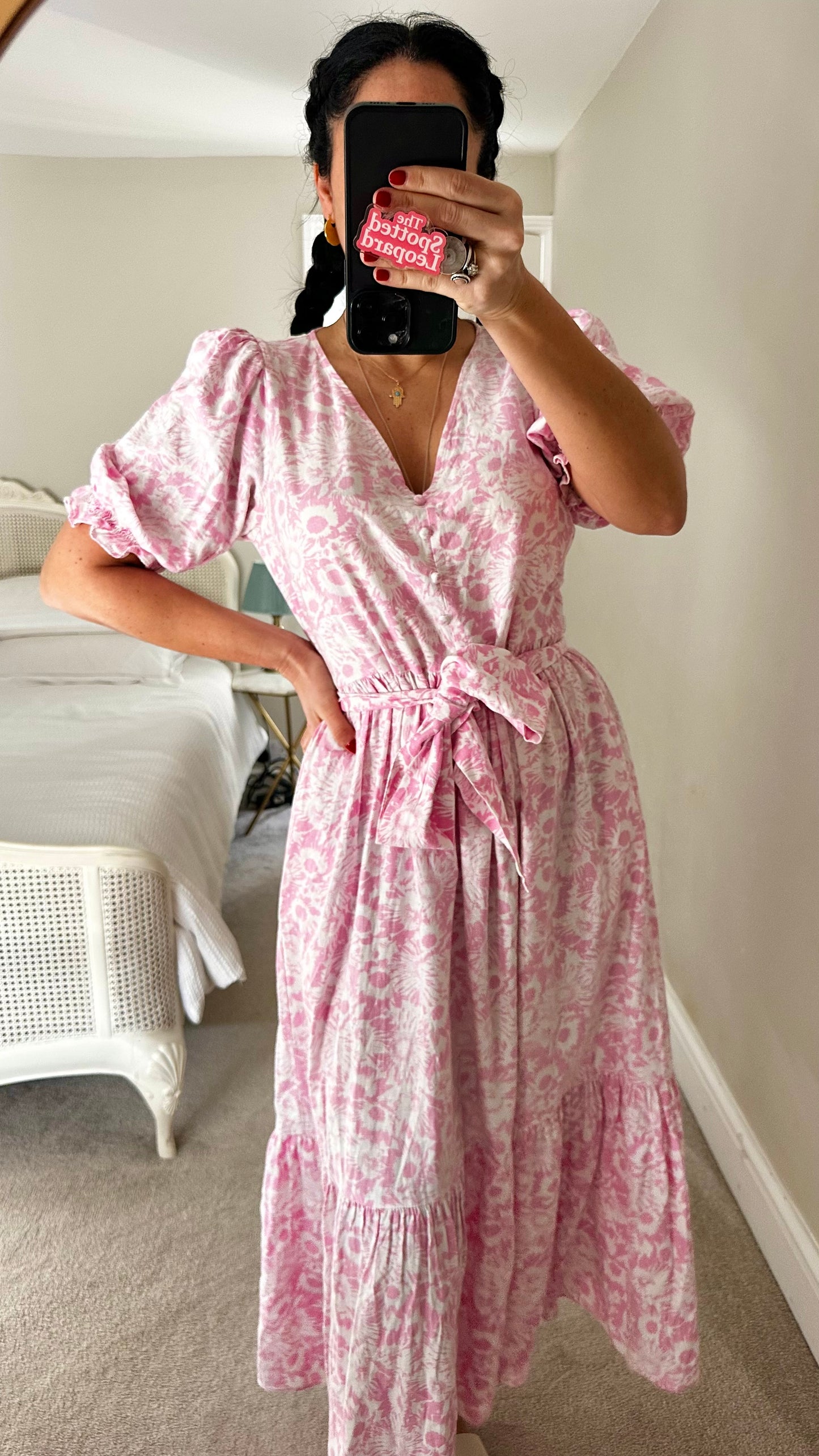 Oliver Bonas rose light pink white floral linen blend button up midi long dress medium UK 12 vgc