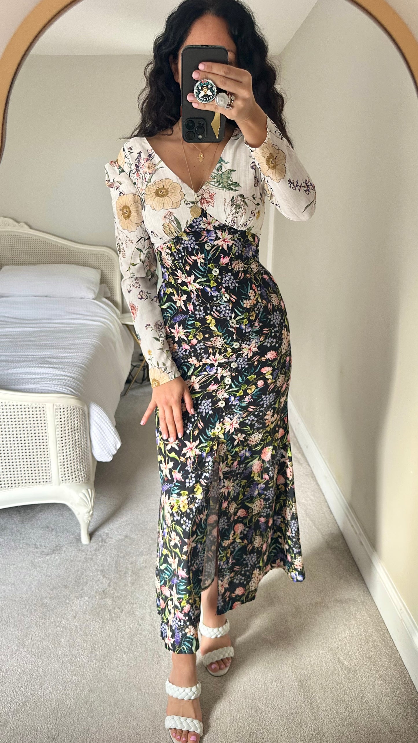 Never Fully Dressed black cream lilac floral maxi event dress small UK 10 vgc