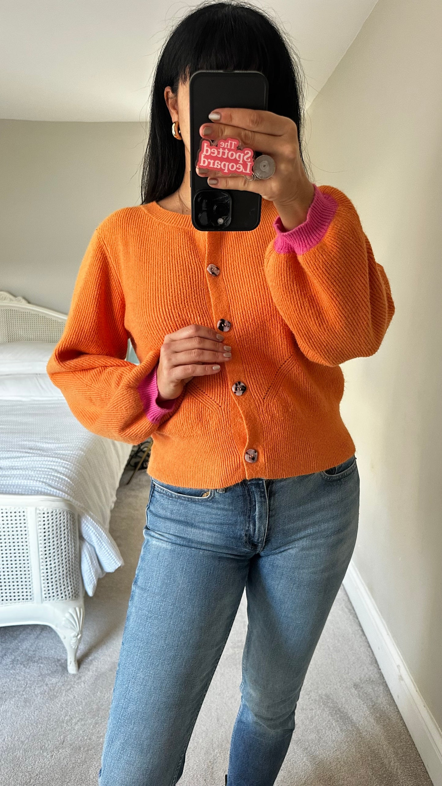 Oliver Bonas Orange pink knitted cardigan jumper medium UK 12 vgc