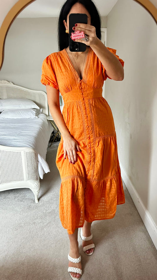 Nobody’s Child bright orange button up midi long dress holiday medium UK 14 vgc organic cotton
