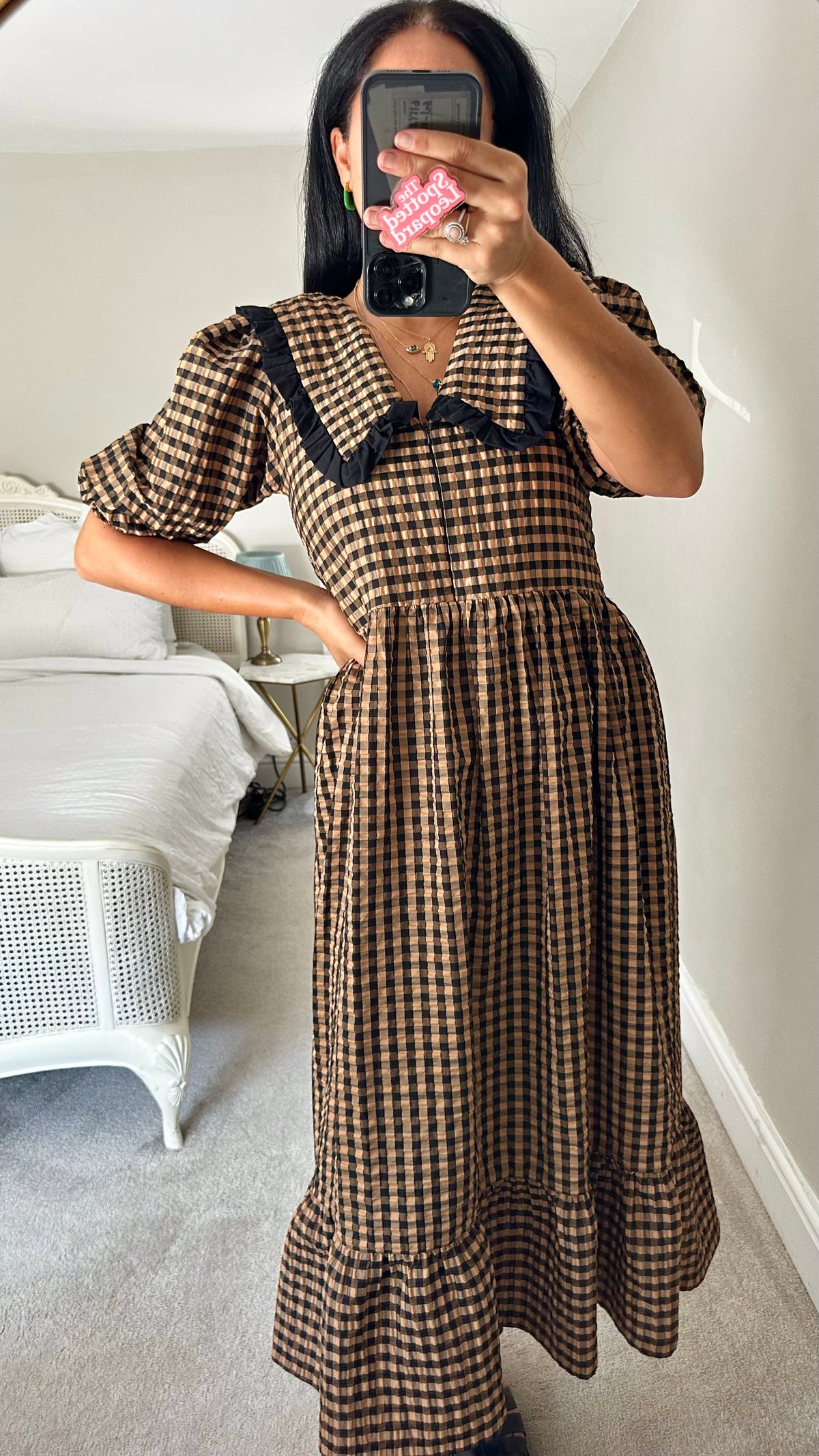 Molby the Label black beige brown gingham check midi long dress small UK 10