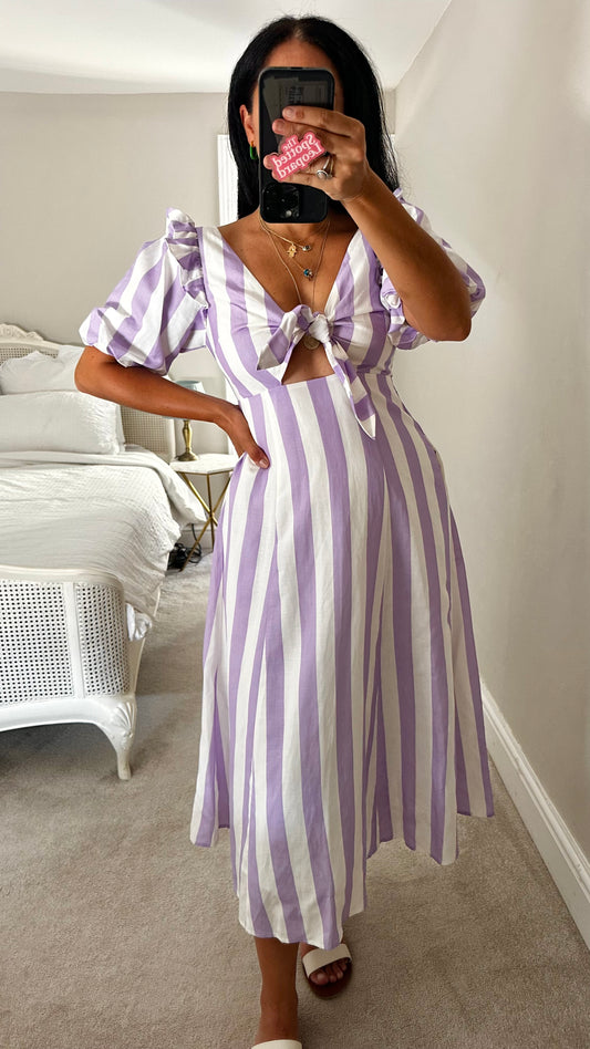Kitri lilac white stripe wedding guest occasion dress small UK 8 vgc