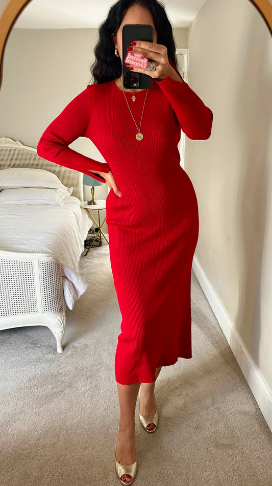 Forever new bright red ribbed jumper dress large UK 12 vgc XMS25