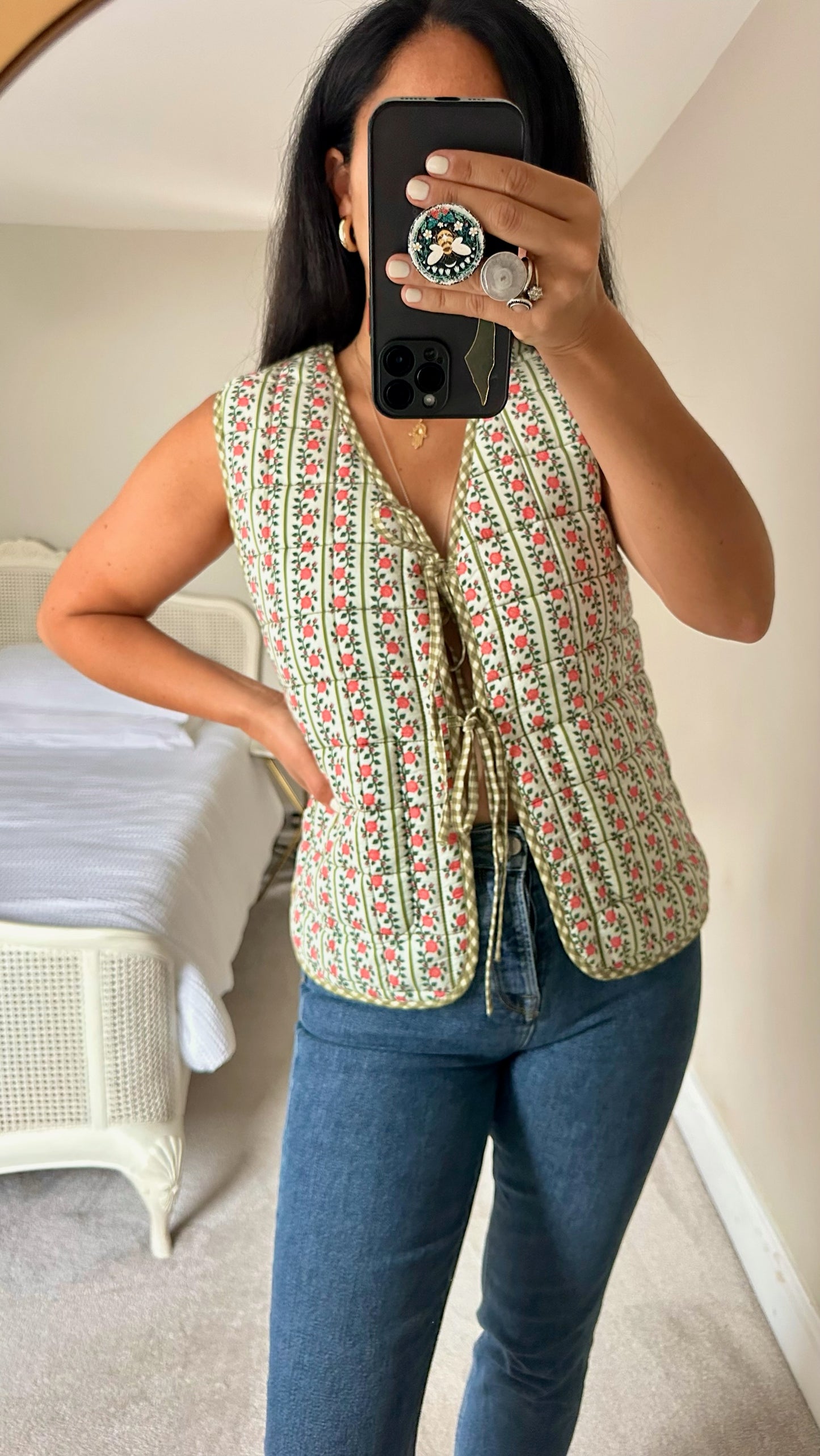 Damson madder reversible green pink gingham waistcoat top medium UK 10 vgc