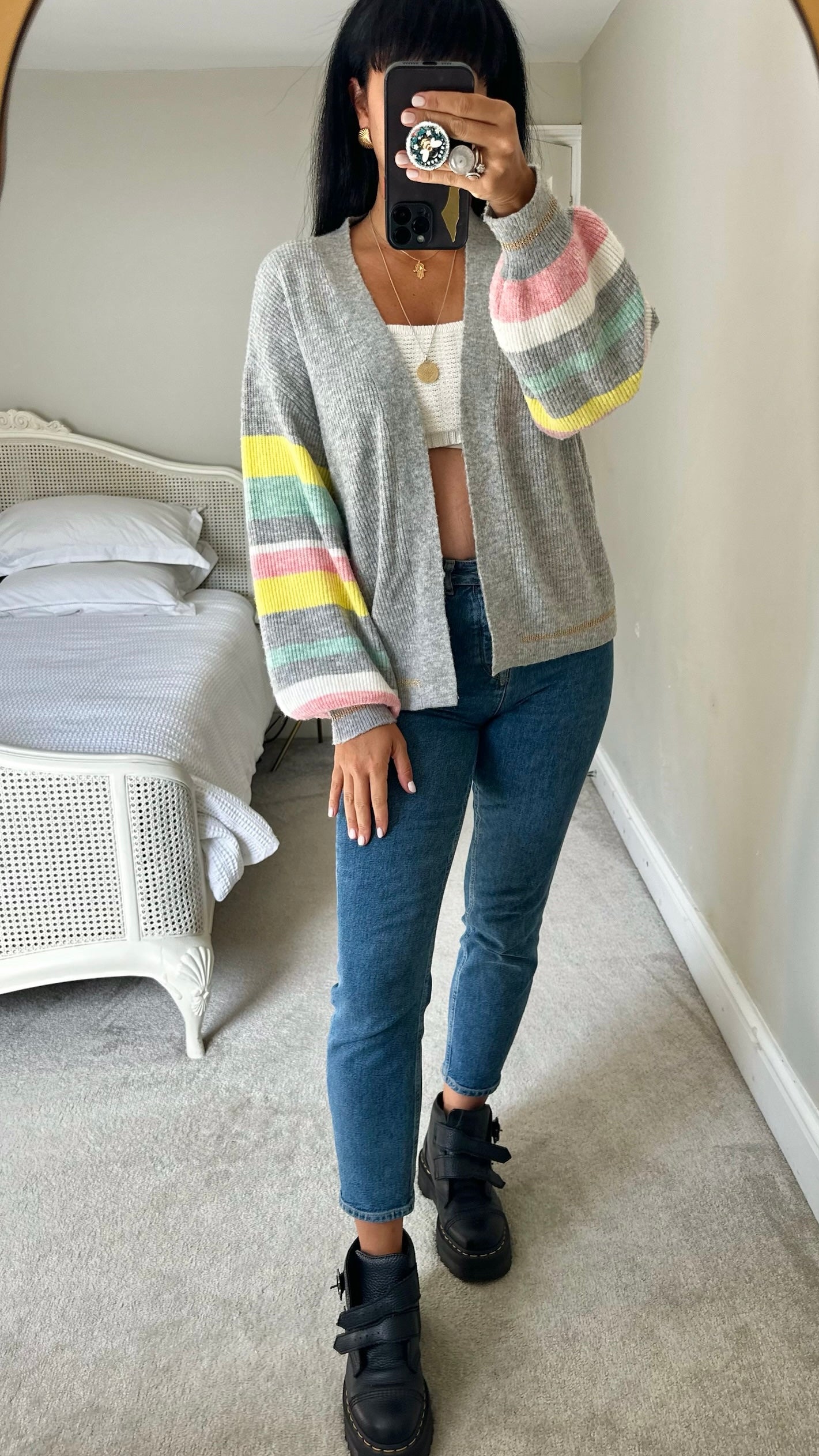 Oliver bonas grey pink yellow teal stripe open knit cardigan extra large XL UK 12-14
