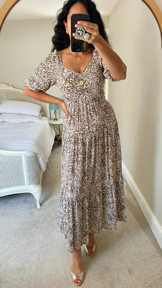 Mint velvet mocha brown white abstract polka dot tiered maxi dress medium M UK 10 vgc