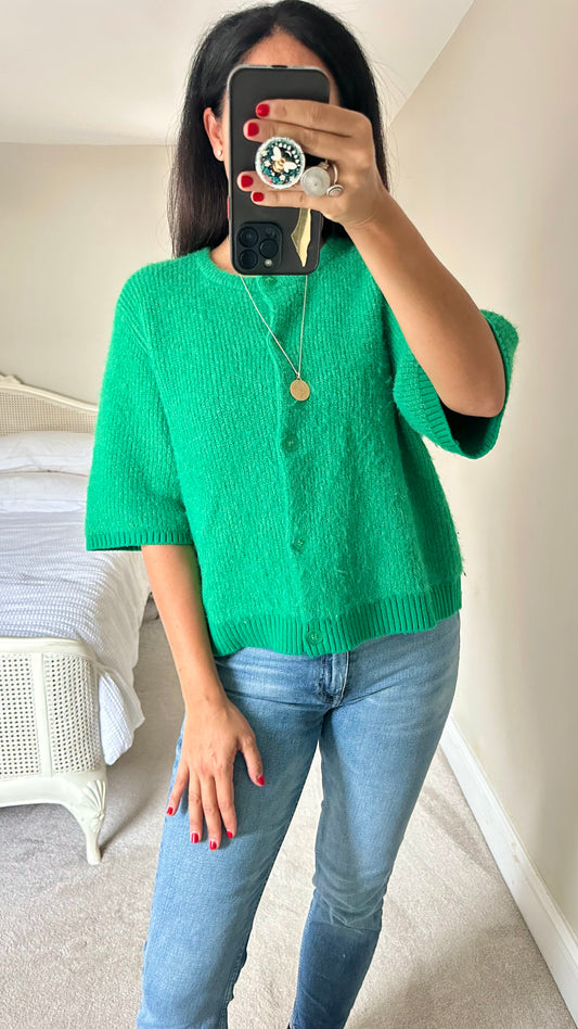 Oliver Bonas emerald green wool blend knitted cardigan jumper extra large UK 14 vgc