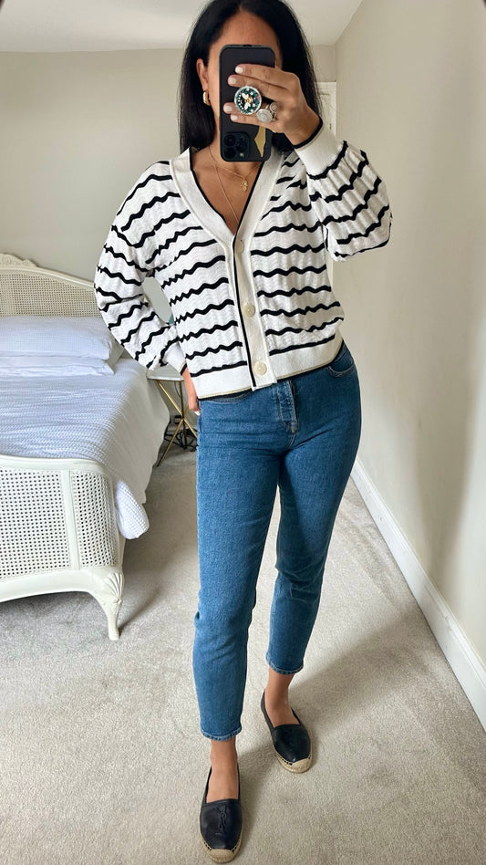 Oliver Bonas white black wave stripe cardigan small UK 8 vgc
