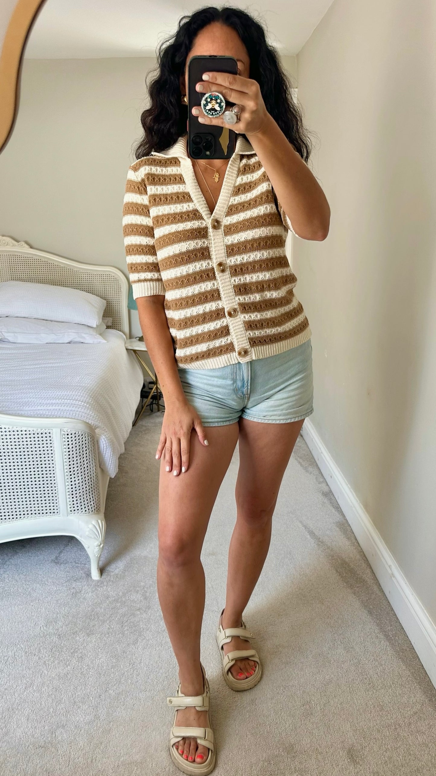 Y.A.S cream tan brown stripe crochet button up short sleeve top small medium SM UK 8-10 vgc