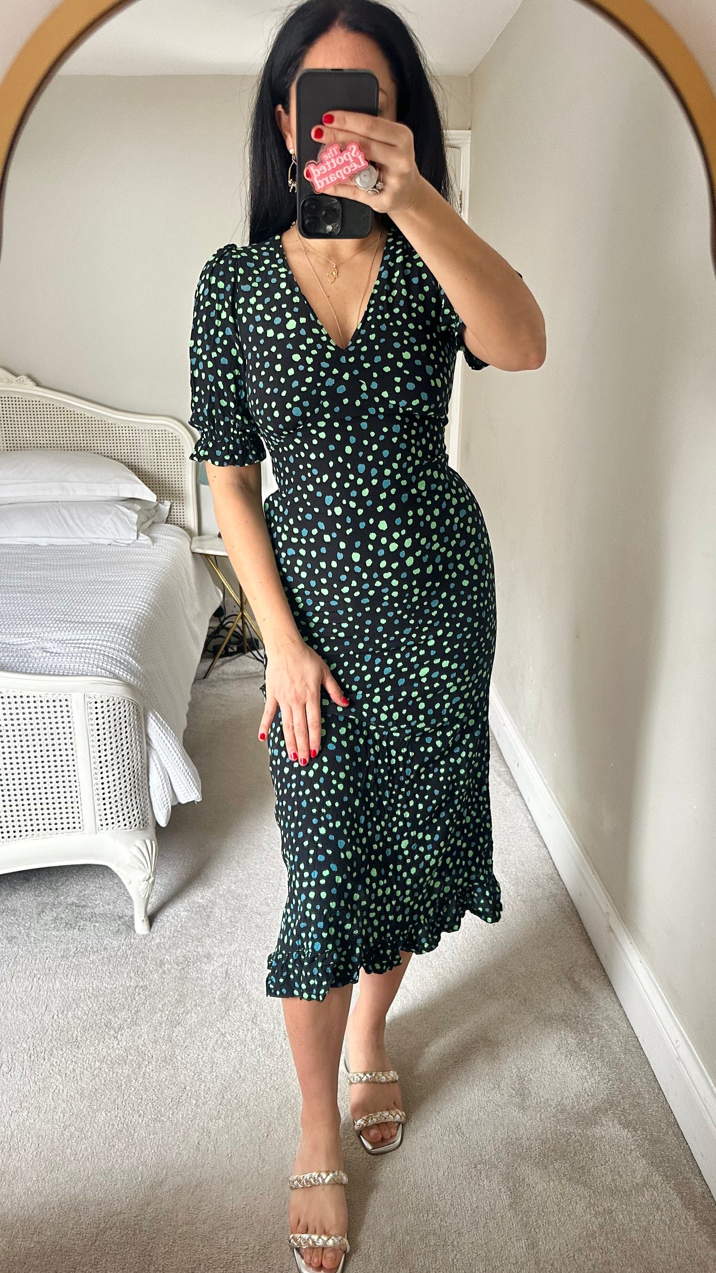 Nobody’s Child black green blue polka dot midi dress extra small UK 6 vgc