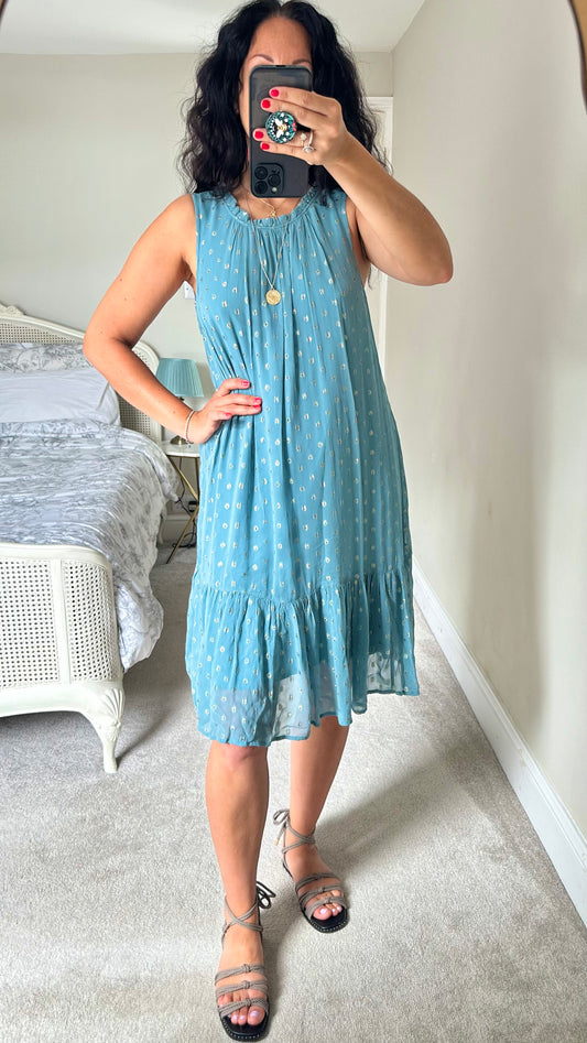 Anthropologie teal light dusky blue gold mid length dress medium UK 12 vgc