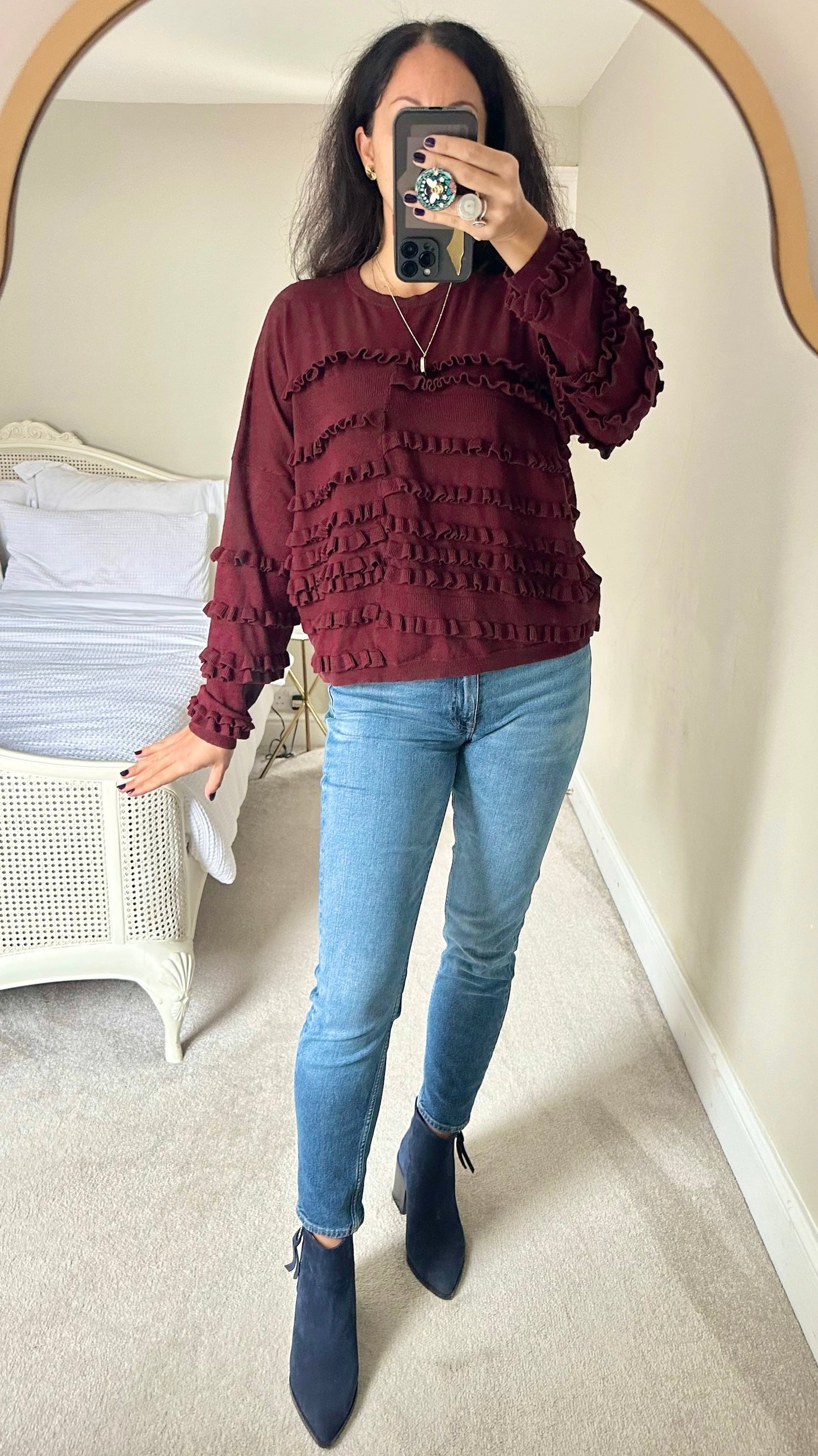 Topshop burgundy red frill detail jumper large L 12 14 vgc