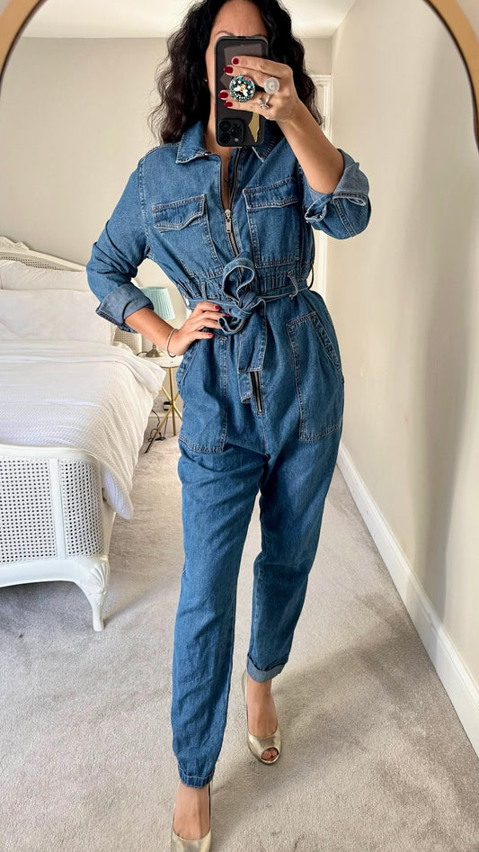 Topshop blue denim boilersuit jumpsuit maternity large L UK 12 vgc