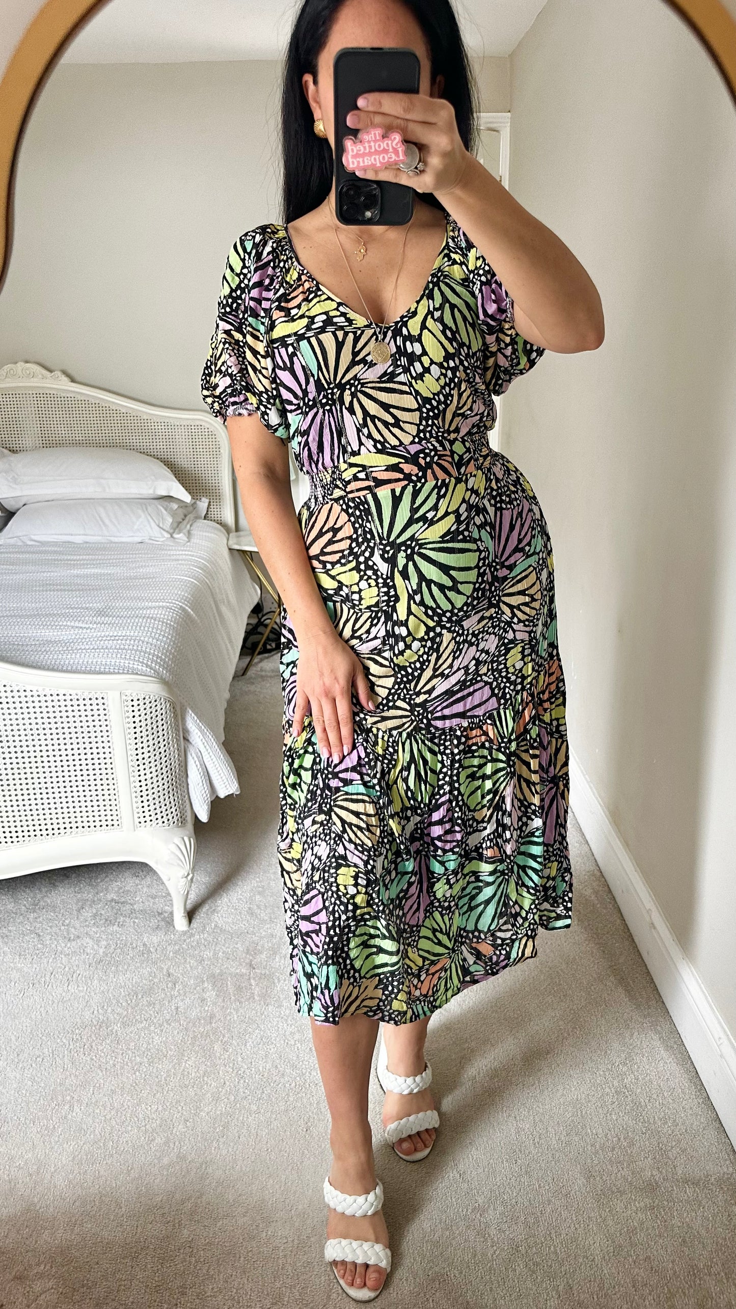 Oliver Bonas black lilac butterfly dress midi long small UK 8-10 vgc