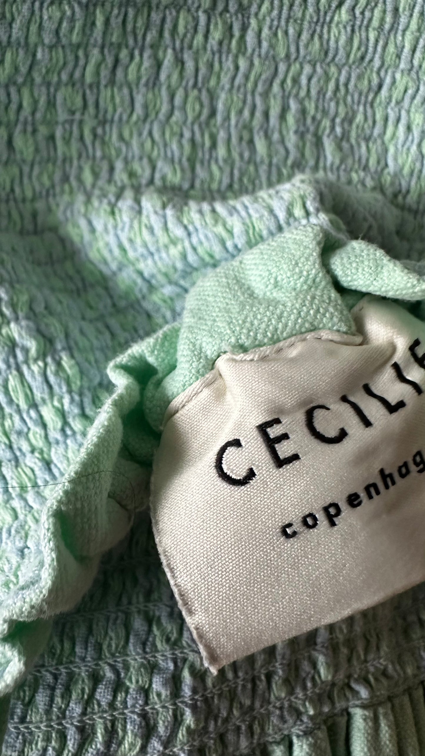 Cecilie Copenhagen mint green lilac/blue Palestinian khuffiyeh print shirred holiday summer cotton dress small UK 10-12 vgc