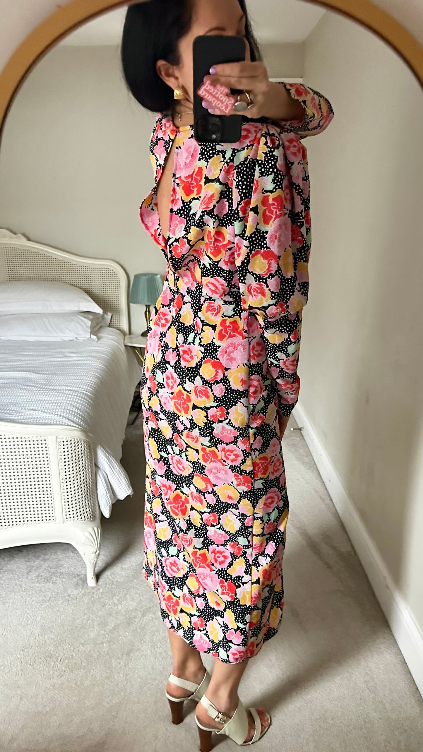 Topshop black pink red floral side split event dress midi polka dot small medium UK 8 14 vgc event