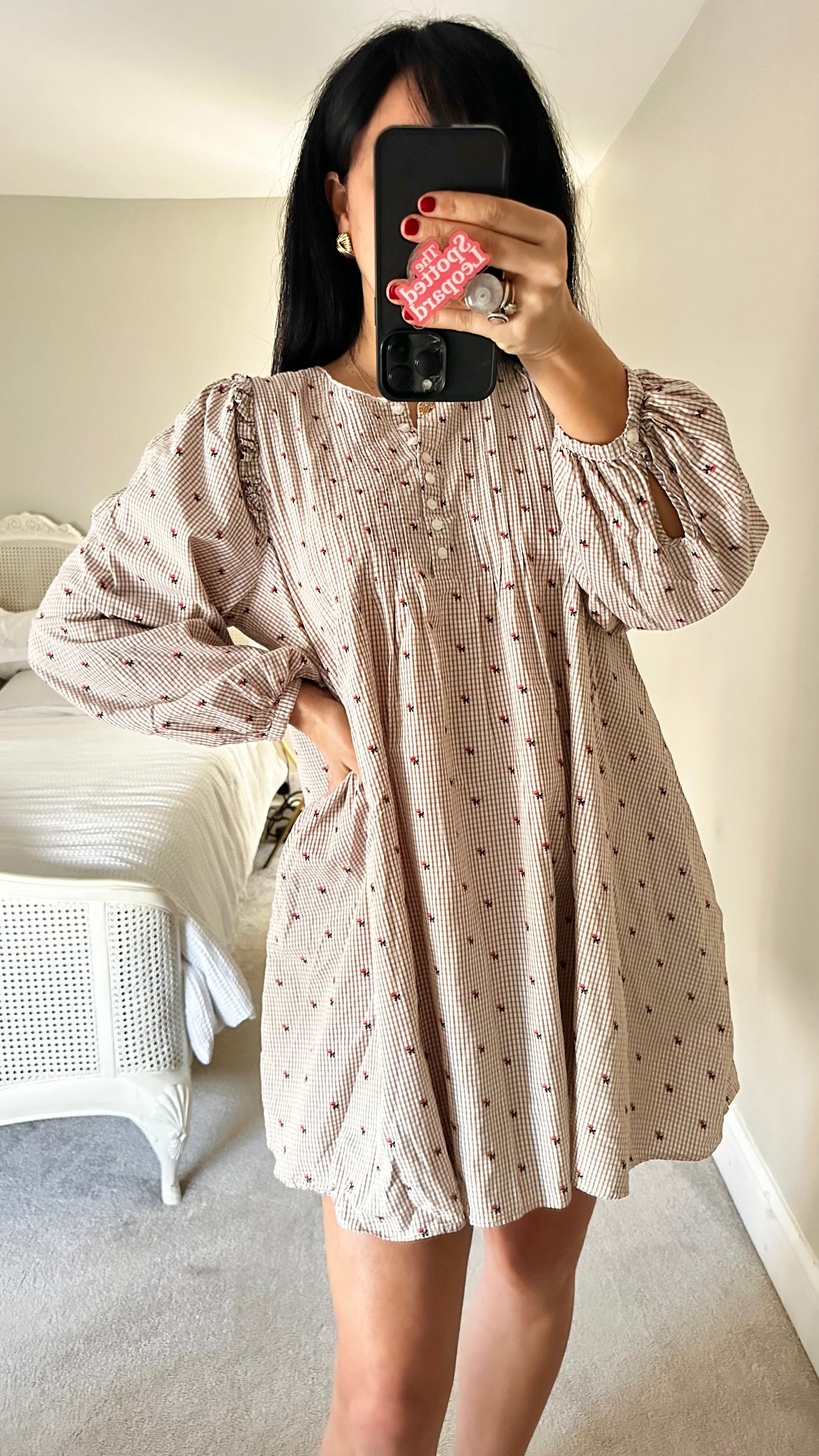 & other stories cream beige gingham check rose embroidered mini swing dress medium UK 14 vgc