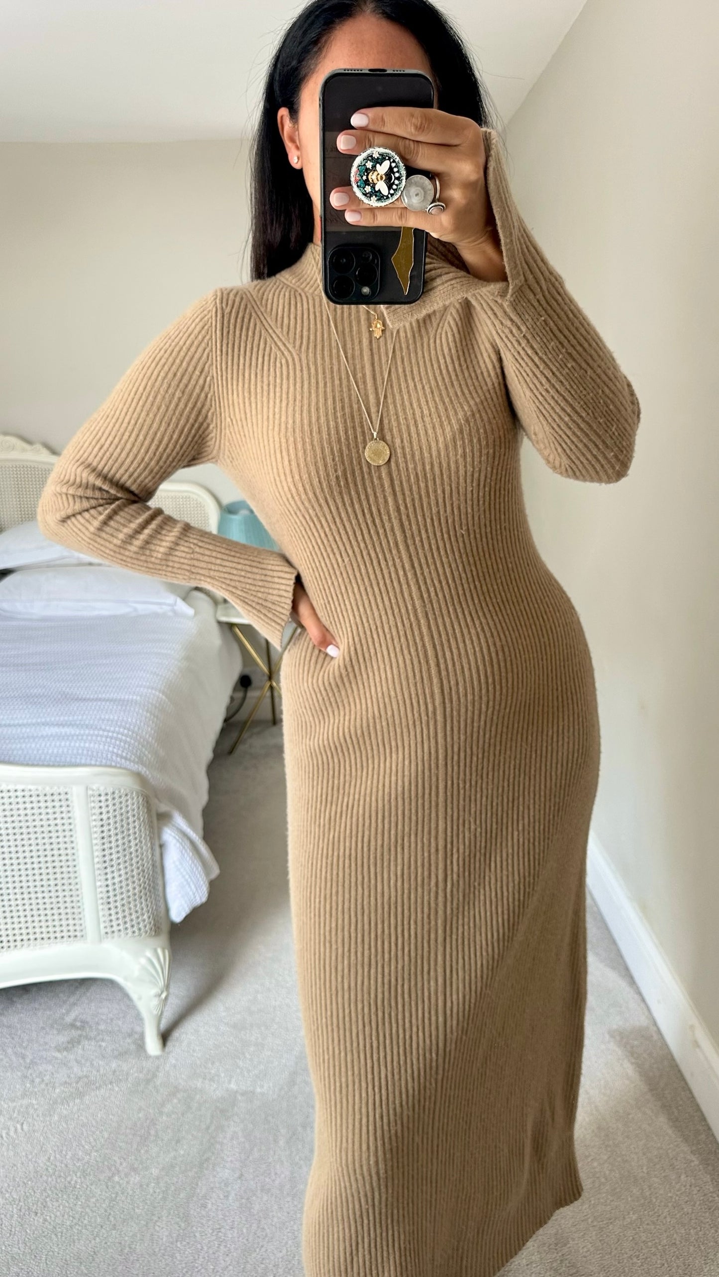 & other stories beige caramel knitted ribbed jumper dress maxi long small UK 8-10 vgc w25