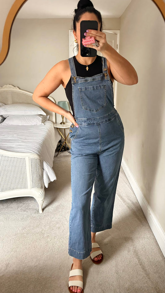 Joanie blue denim jeans dungarees jumpsuit UK 10-12 stretch trousers medium vgc