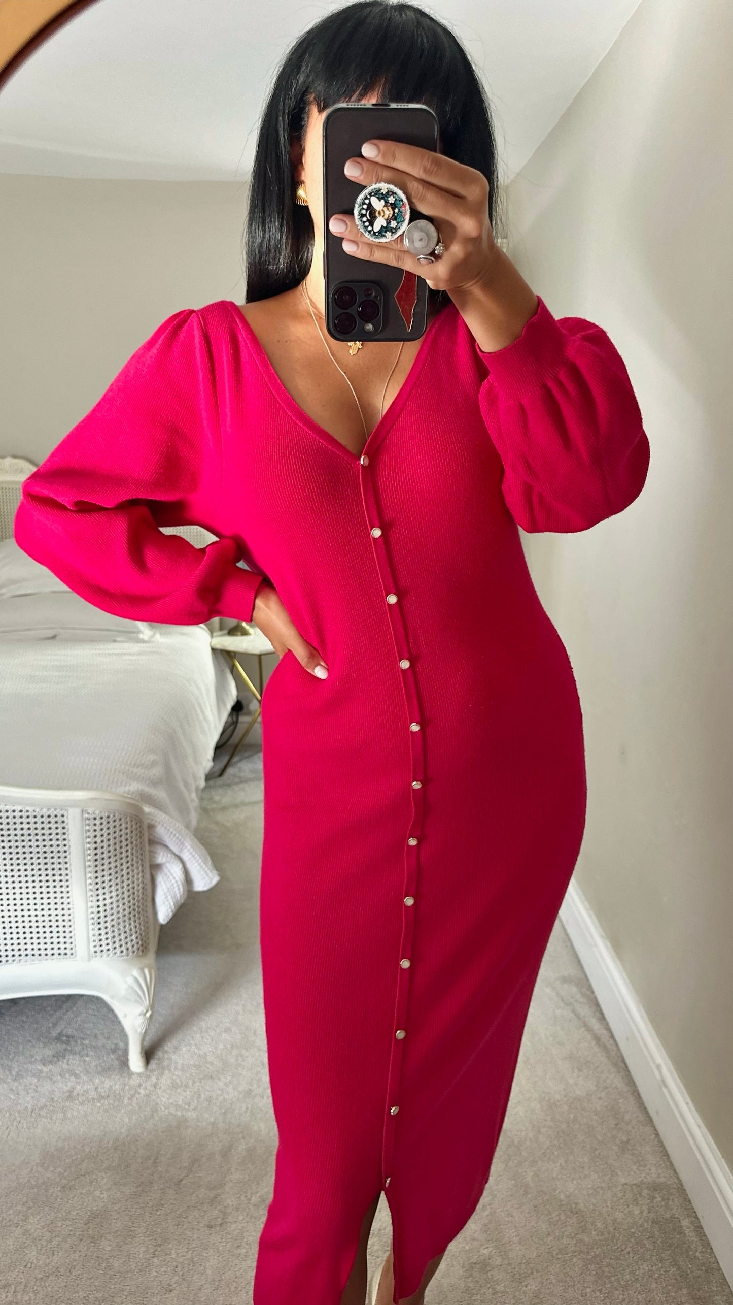 Oliver bonas fuchsia pink burgundy knitted button up midi jumper dress large L UK 12 excellent used condition