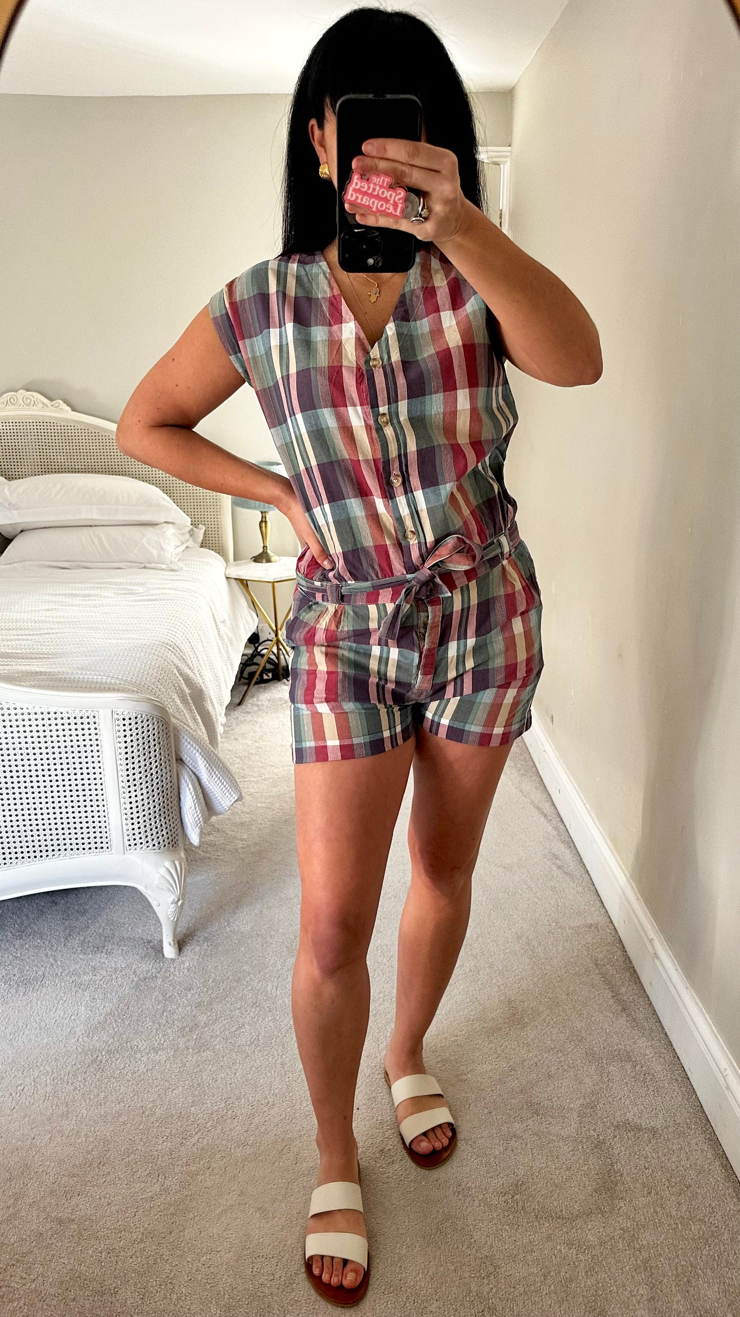 La Redoute green red check vintage gingham playsuit shorts small UK 8 vgc