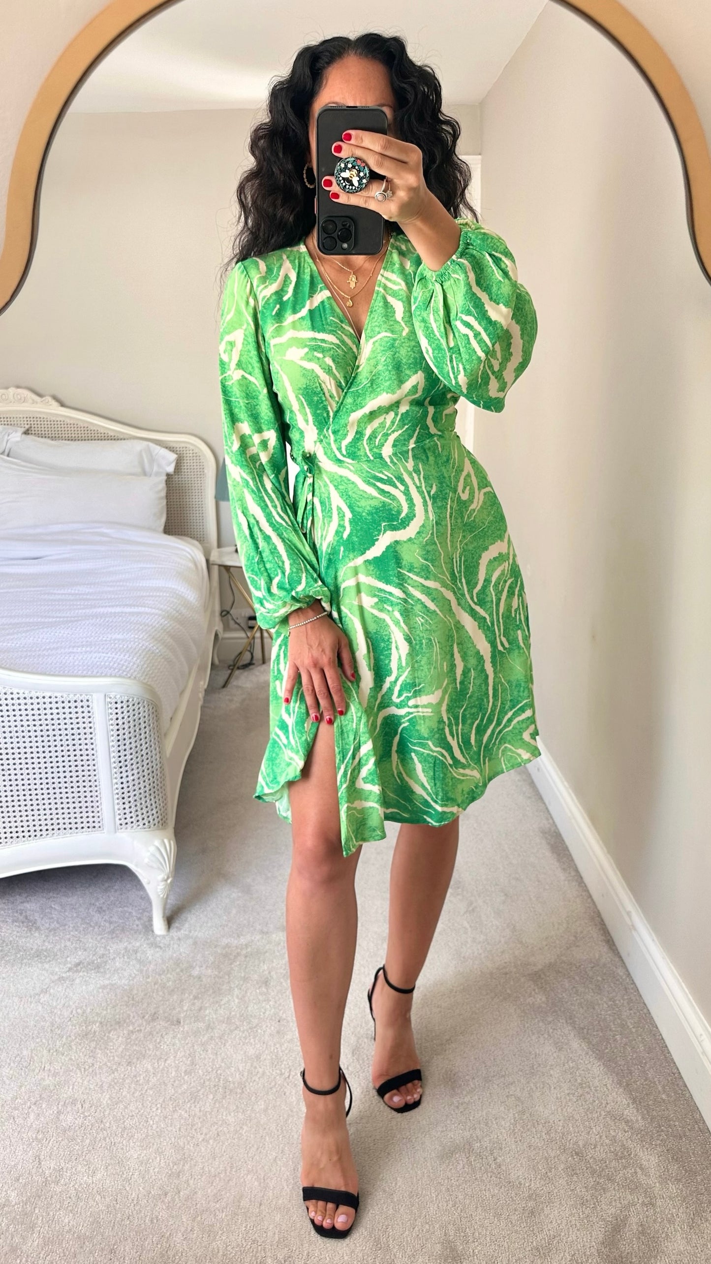 Selected femme @Anthropologie green white ripple print wrap long sleeve mini midi dress extra small XS UK 6 8 vgc