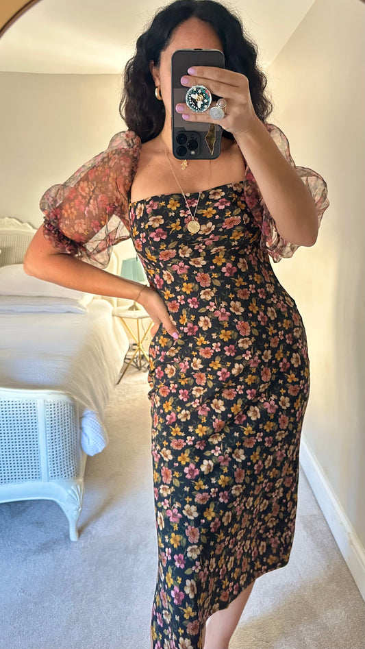 Topshop black puff sleeve event floral dress small UK 8 10 vgc