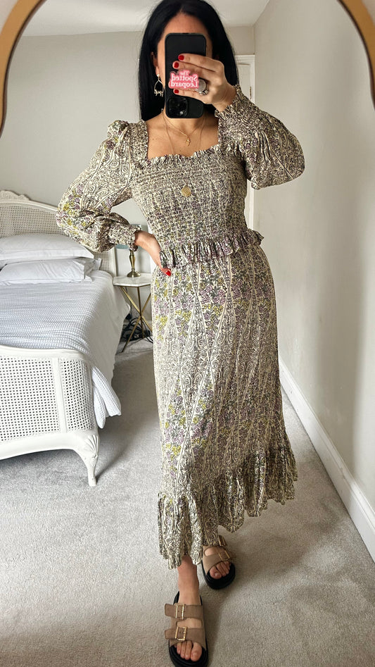 Kitri green cream pink boho shirred bust midi long dress small UK 10 vg