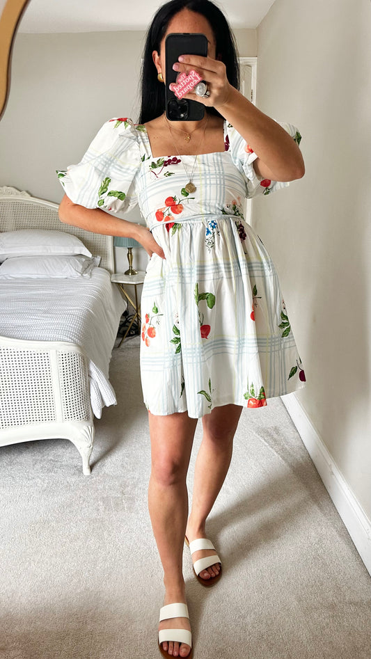 Nobody’s Child white blue stripe gingham fruit print mini cotton dress small UK 8 vgc