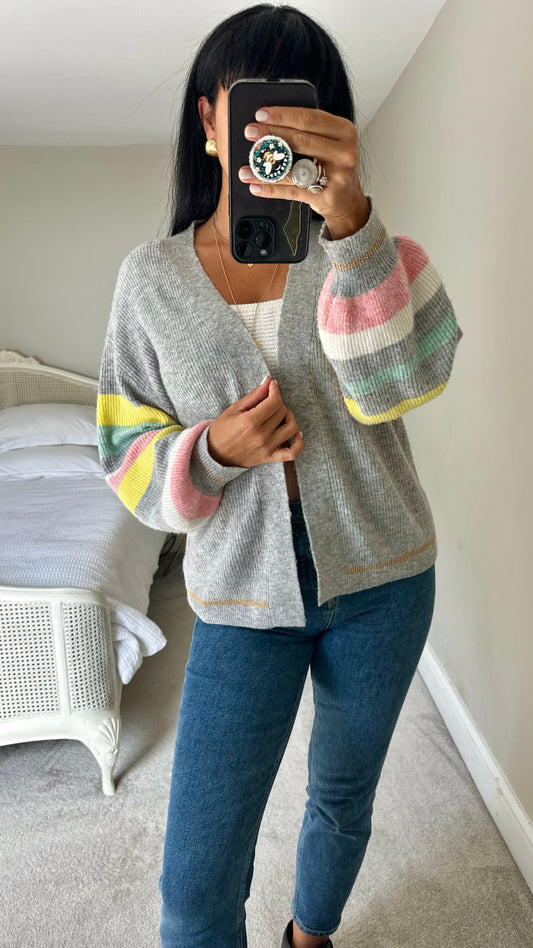 Oliver bonas grey pink yellow teal stripe open knit cardigan extra large XL UK 12-14