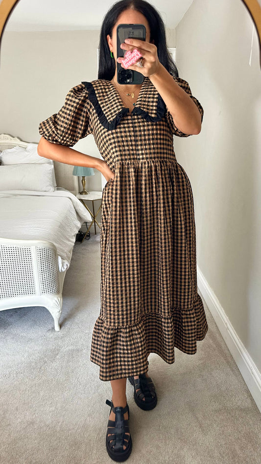 Molby the Label black beige brown gingham check midi long dress small UK 10