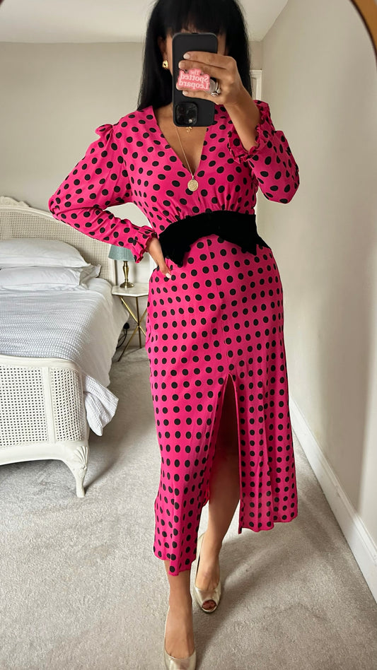 RIXO fuchsia pink black polka dot front split long event dress medium M UK 10 excellent used condition