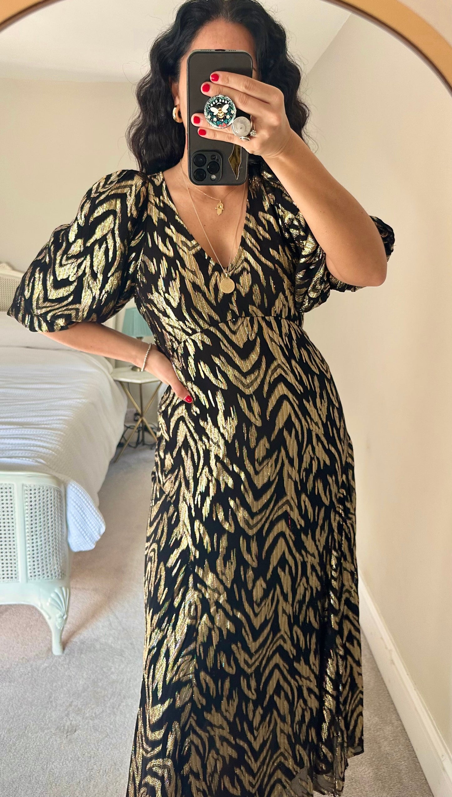 River Island black gold event maxi long dress medium UK 14 vgc