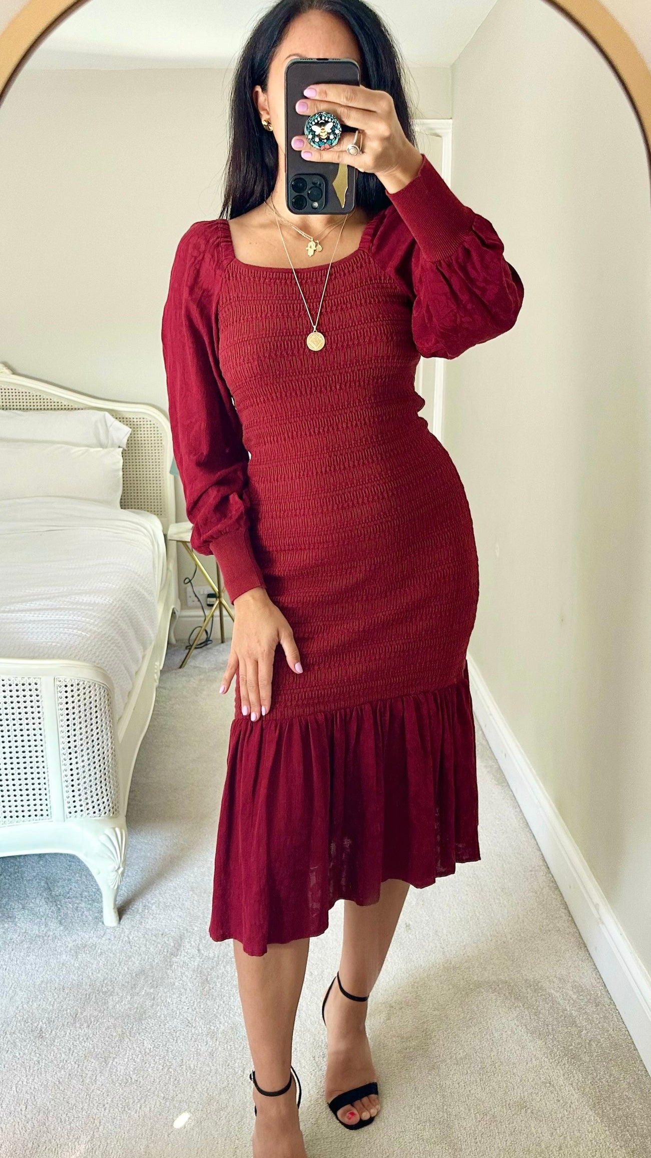 Anthropologie deep red tiered hem long sleeve midi dress vgc medium UK 10-12