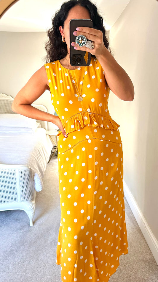 Warehouse mustard yellow white polka dot midi event dress medium large UK 10-12 vgc