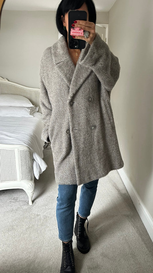 Nicole Farhi grey white herringbone wool blend kotigan coat jacket extra large UK 14 vgc