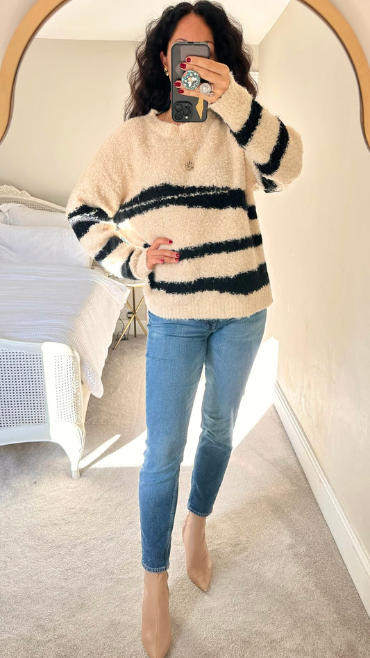 Warehouse cream black stripe jumper small medium UK 8 10 vgc