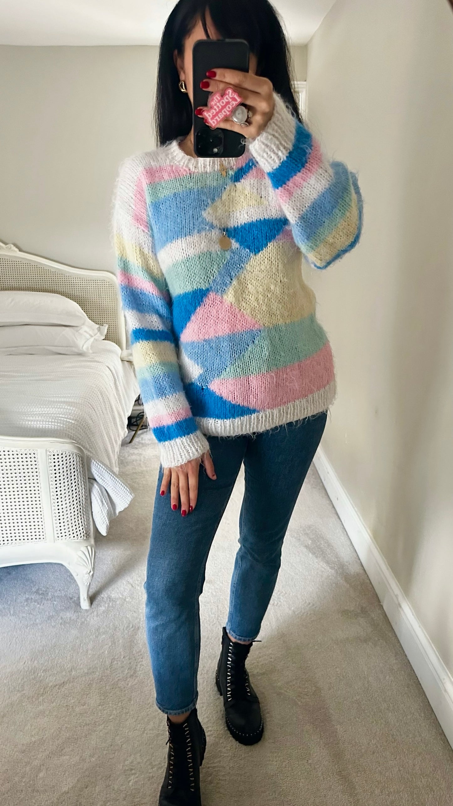 Vintage blue white pink abstract wool blend knitted jumper UK 10-12 vgc XMS25