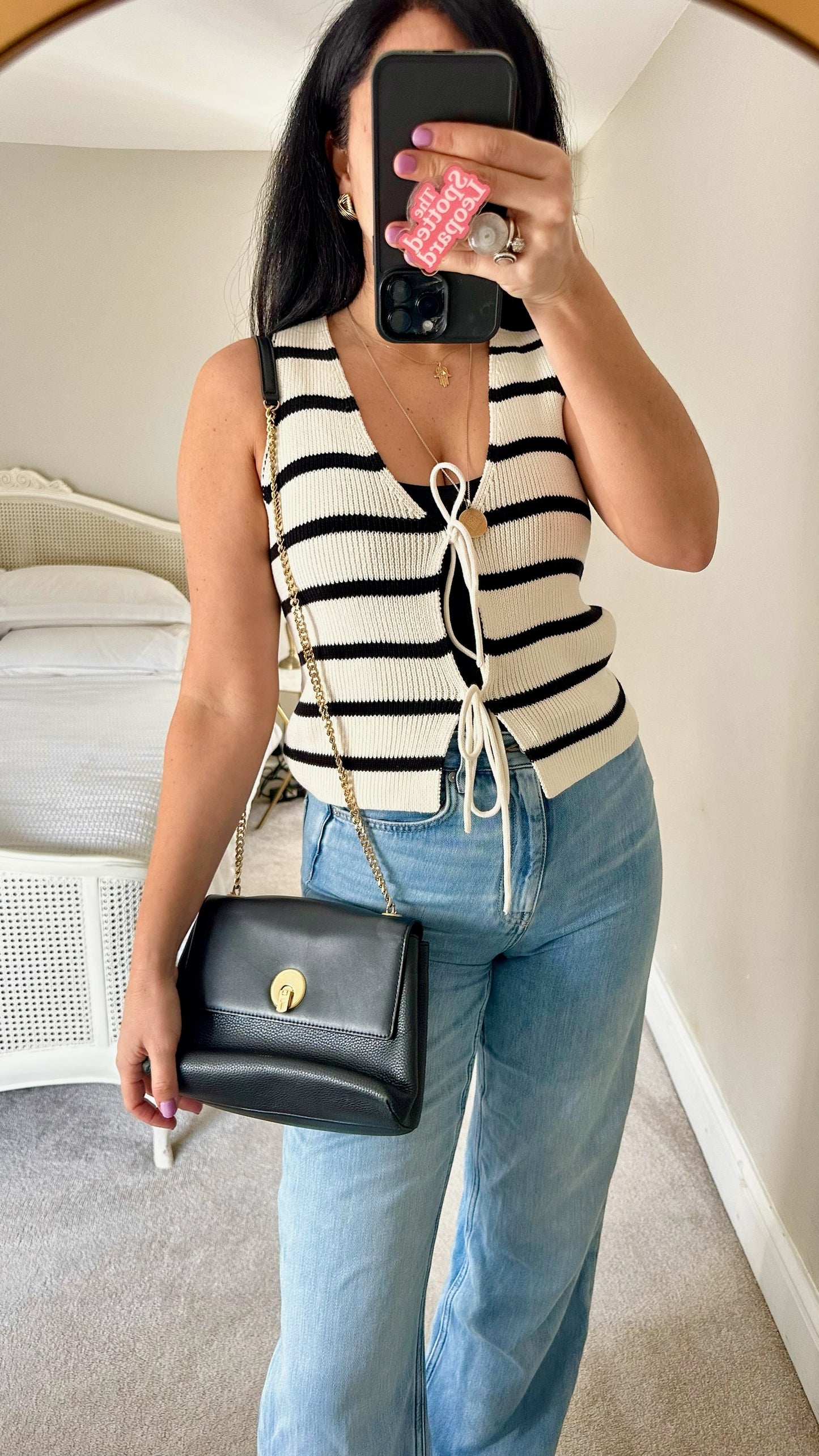 ASOS black white stripe tie waist waistcoat top small UK 8-10 vgc