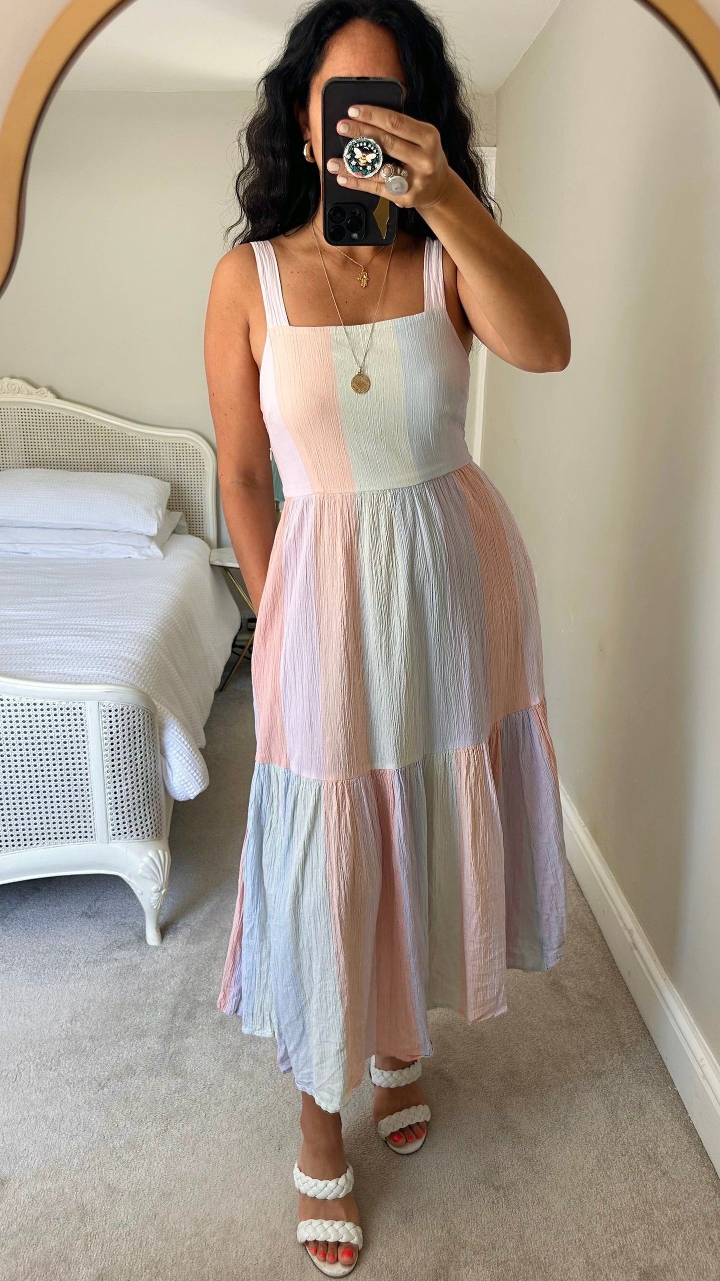 HUSH lilac rainbow green orange pink crinkle stripe plissé tie back backless holiday dress medium UK 12 new bnwt