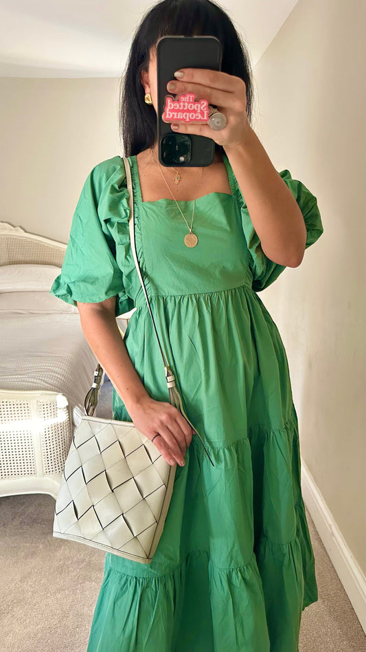 Nobody’s Child green sage tiered organic cotton long holiday dress medium UK 12 14 vgc