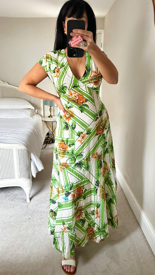 Maeve @ Anthropologie green white orange gingham maxi long wedding guest dress medium UK 12 vgc