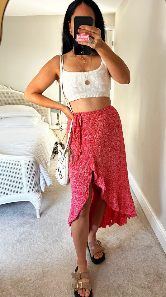 & other stories red white floral wrap high low midi skirt small UK 8 vgc
