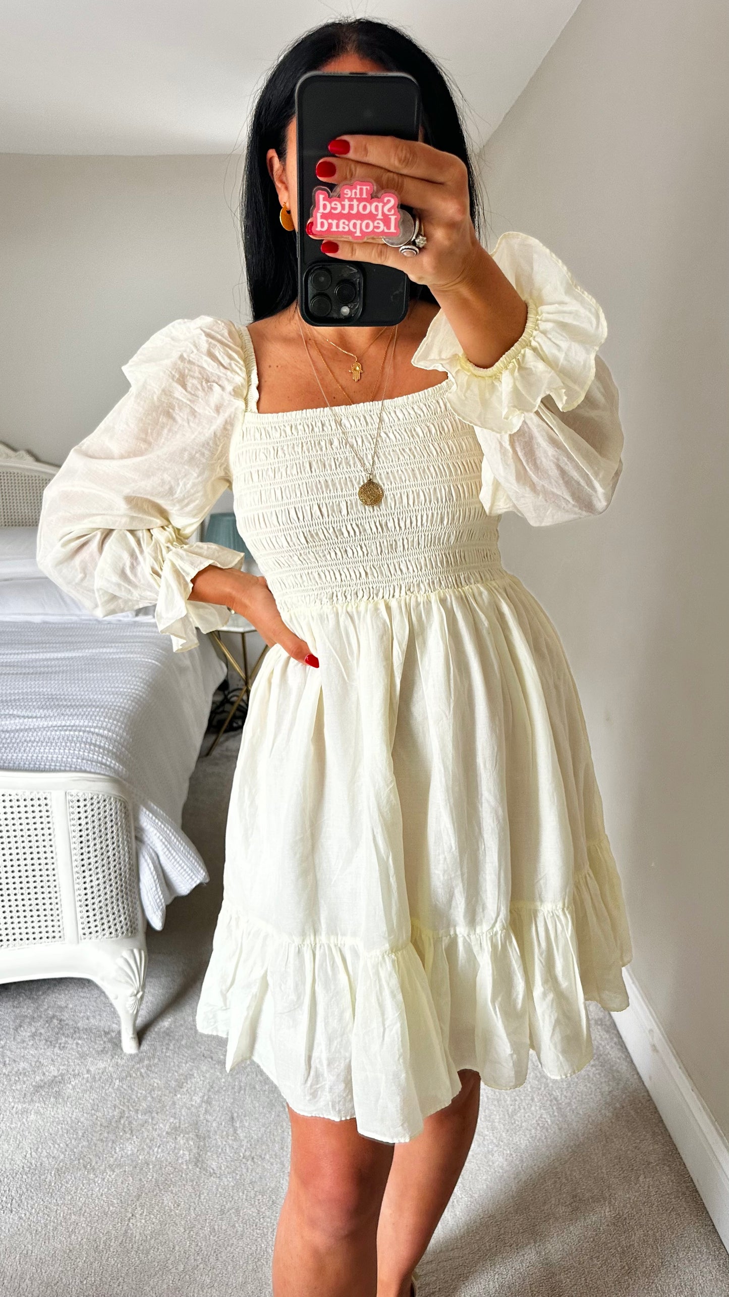 & other stories cream cotton blend shirred bust mini dress medium UK 12-14